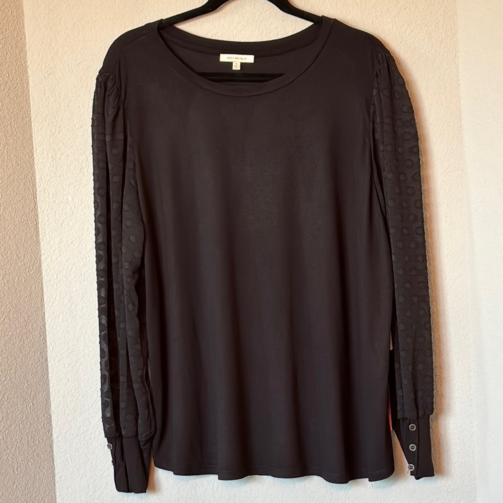 Skies Are Blue Sheer Sleeve Clip Dot Blouse Black XL NWT